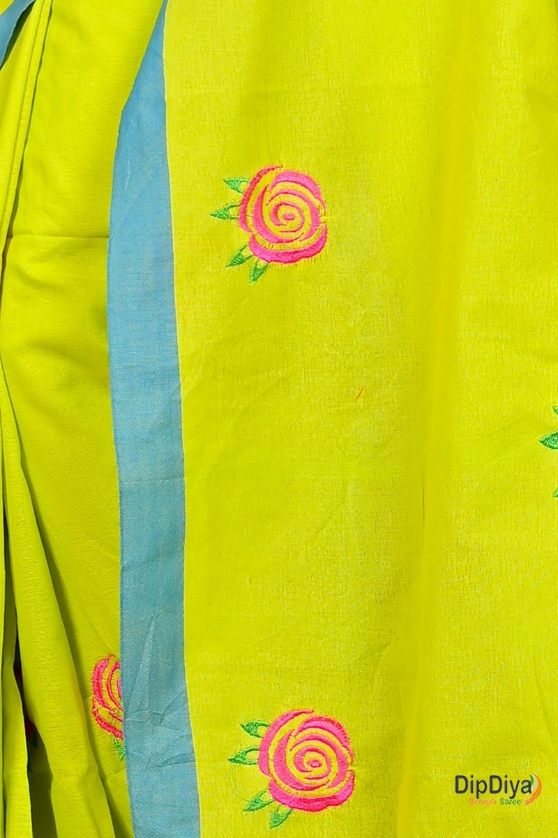 Lime Green Pure Cotton Parag Embroidery Handloom saree (211)